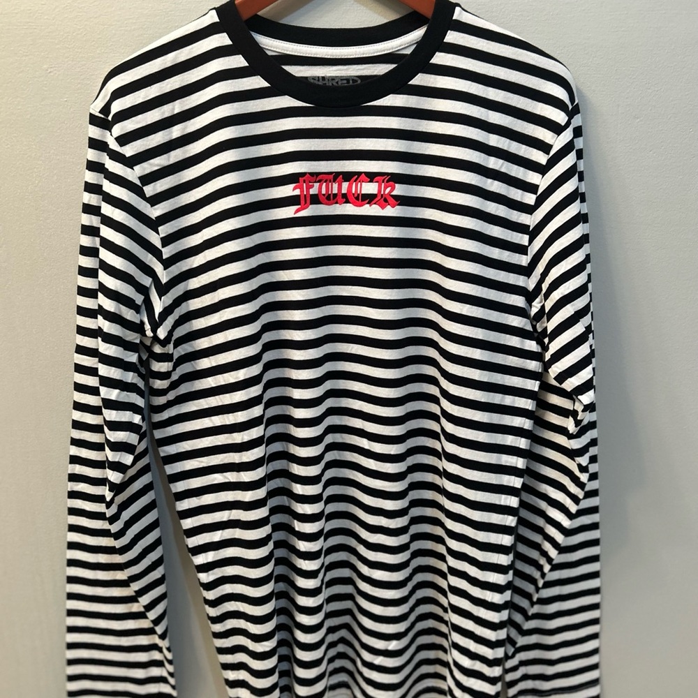 *Shred Collective F*CK Men's Black White Stripe Long Sleeve Tee Shirt - Lg